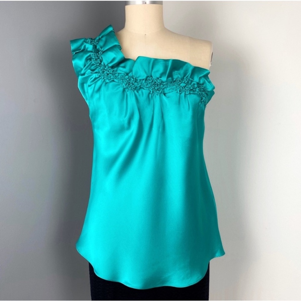 NWOT - black halo bias-cut one-shoulder top with ruffle, worn once for 30 mins.